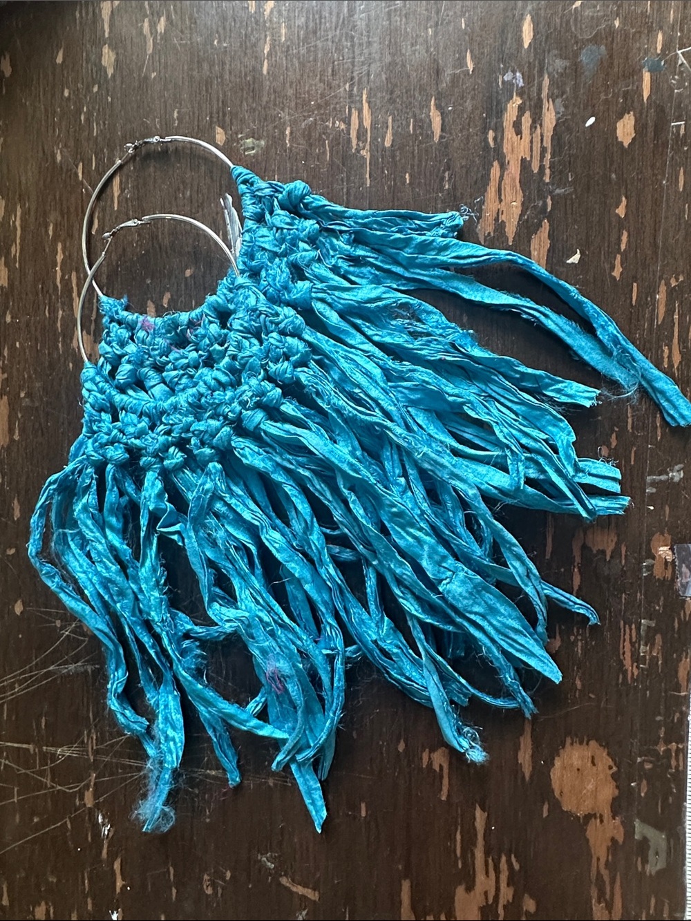 huge recycled hand dyed silk fringe earrings made by mom